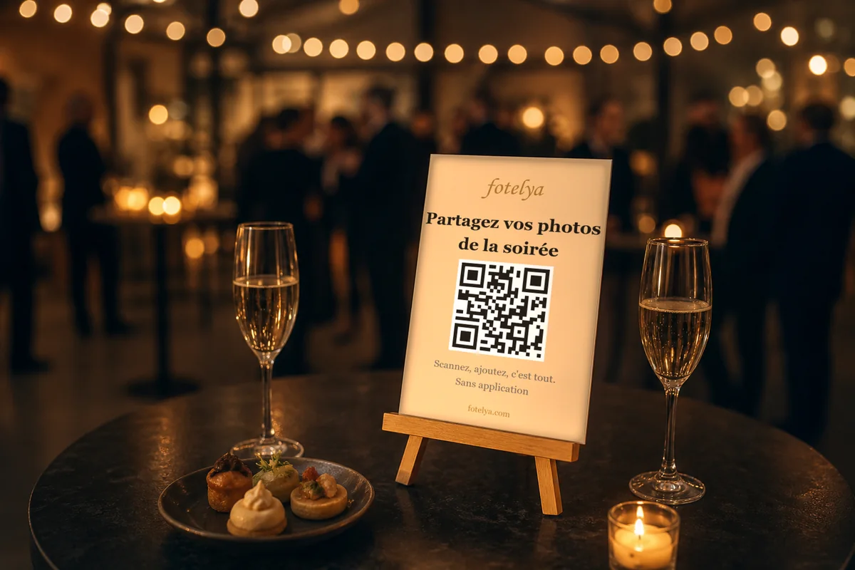 Bir şirket partisinde yüksek masada duran, QR kodlu Fotelya tabelası taşıyan sehpa
