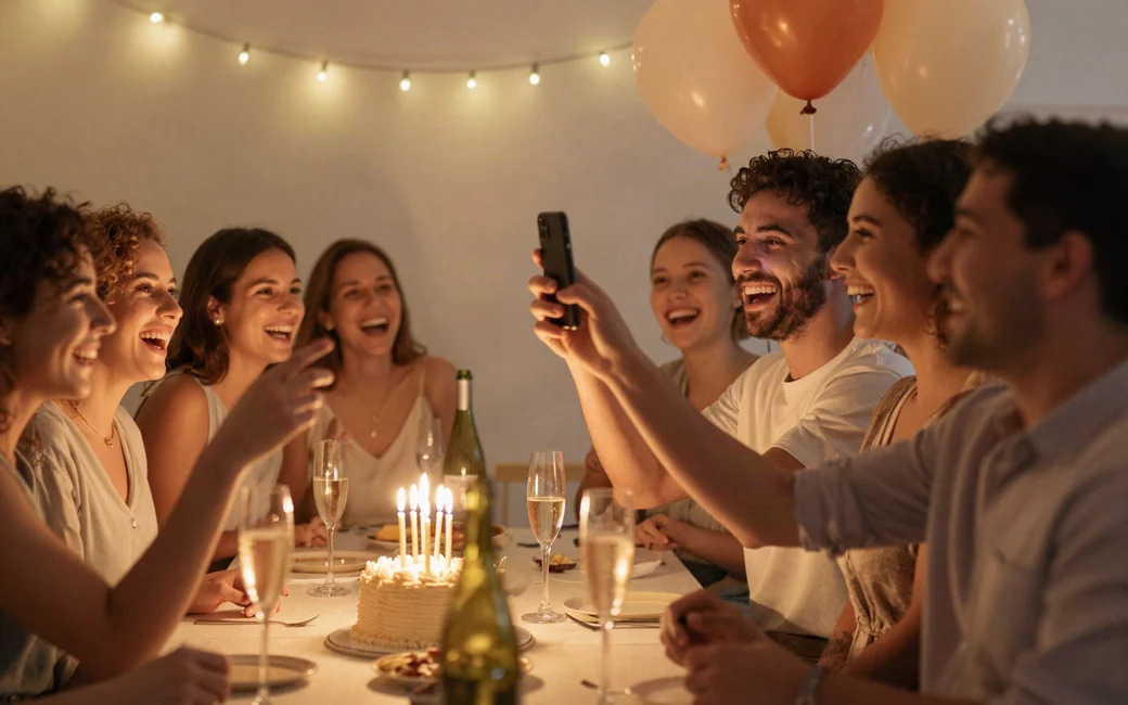 Ospiti che fotografano un momento di festa di compleanno