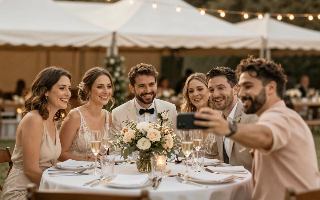 Invit&eacute;s photographiant leur table pendant un mariage