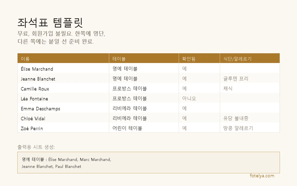 엑셀로 만든 결혼식 좌석표