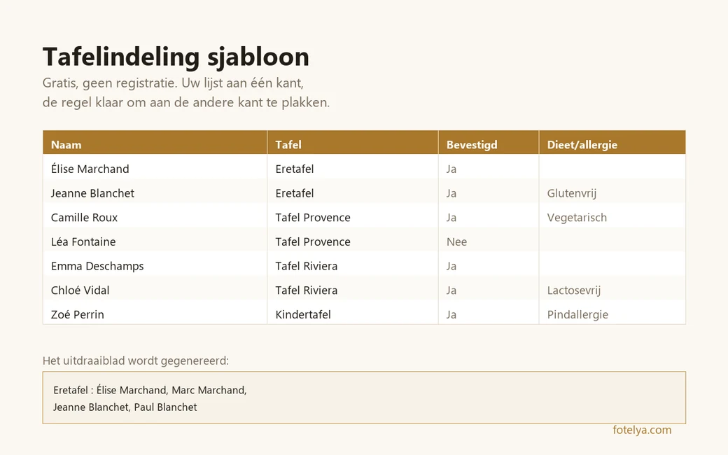 Trouwtafelindeling in Excel
