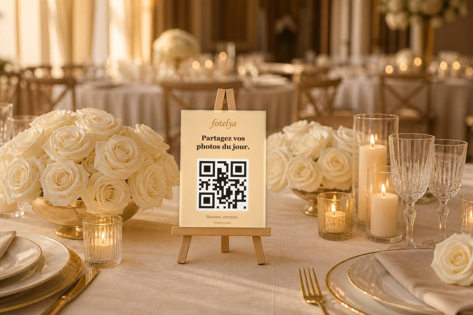 Wedding: Fotelya sign with a QR code standing on a table